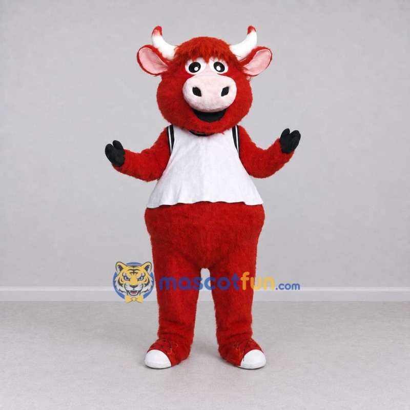 Custom Red and White Bull Character in a Shirt Mascot Costume Adult Full Body Suit for School Events