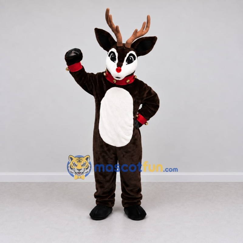 Custom Dark Brown and White Red-Nosed Reindeer with a Collar Mascot Costume Adult Full Body Suit for Christmas Events