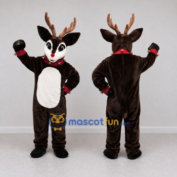 Custom Dark Brown and White Red-Nosed Reindeer with a Collar Mascot Costume Adult Full Body Suit for Christmas Events