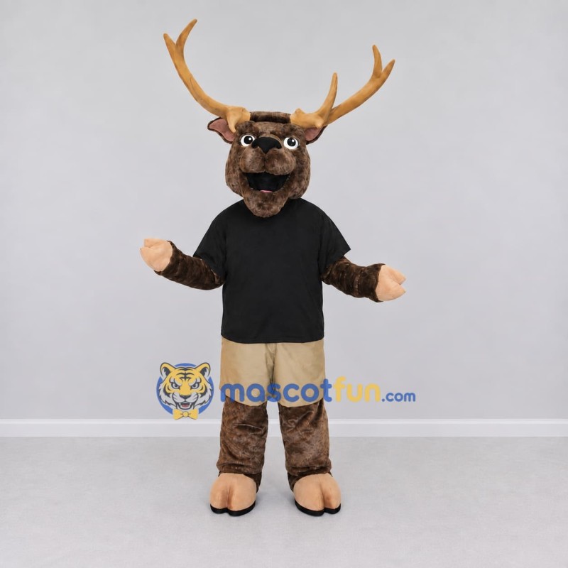 Custom Brown and Black Deer in a Shirt and Shorts Mascot Costume Adult Full Body Suit for School Events Custom Brown and Black Deer in a Shirt and Shorts Mascot Costume Adult Full Body Suit for School Events