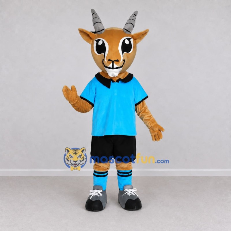 Custom Tan and Blue Antelope Character in Sportswear Mascot Costume Adult Full Body Suit for Sports Events