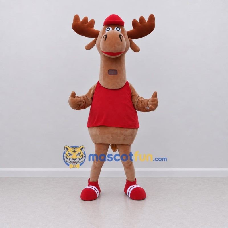 Custom Brown and Red Moose in a Shirt and Cap Mascot Costume Adult Full Body Suit for School Events Custom Brown and Red Moose in a Shirt and Cap Mascot Costume Adult Full Body Suit for School Events