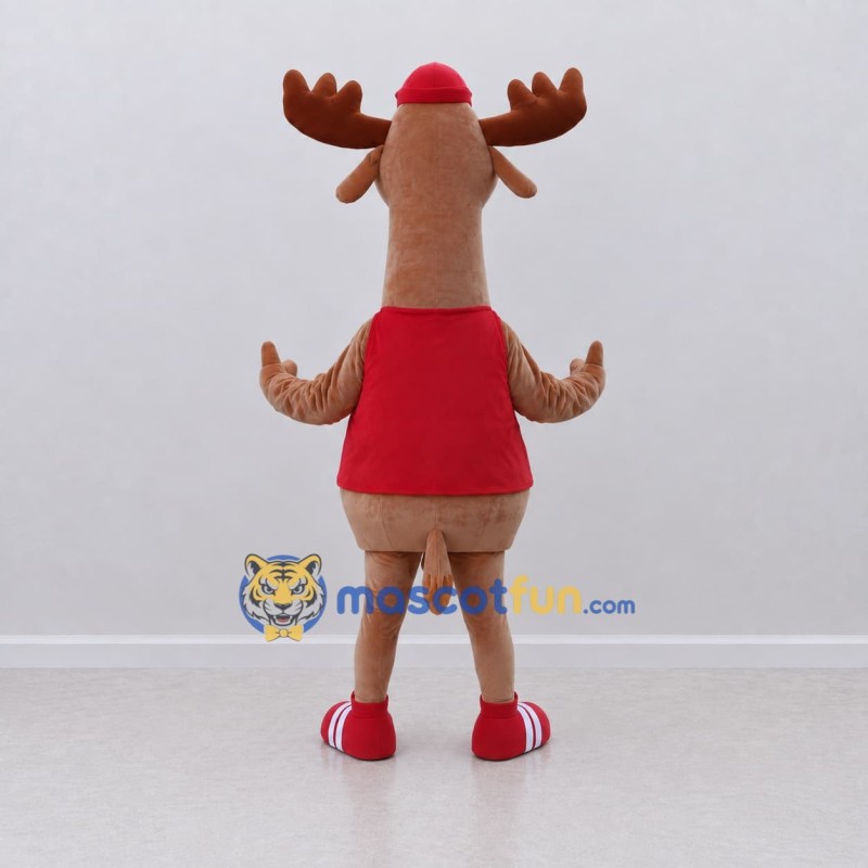 Custom Brown and Red Moose in a Shirt and Cap Mascot Costume Adult Full Body Suit for School Events Custom Brown and Red Moose in a Shirt and Cap Mascot Costume Adult Full Body Suit for School Events