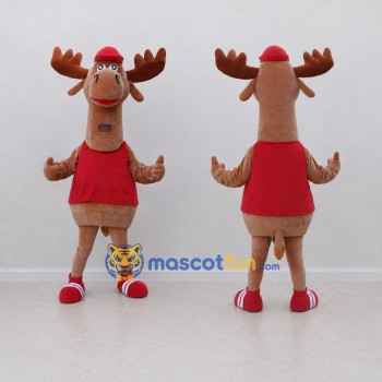 Custom Brown and Red Moose in a Shirt and Cap Mascot Costume Adult Full Body Suit for School Events