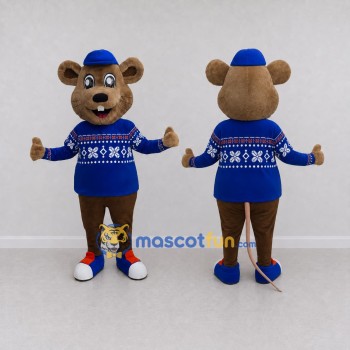 Custom Brown and Blue Mouse in a Winter Outfit Mascot Costume Adult Full Body Suit for Winter Events