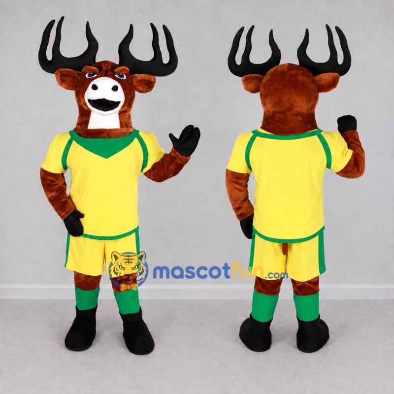 Custom Brown and Yellow Deer in Sportswear Mascot Costume Adult Full Body Suit for Sports Events Custom Brown and Yellow Deer in Sportswear Mascot Costume Adult Full Body Suit for Sports Events