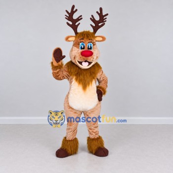 Custom Tan and Cream Red-Nosed Reindeer Mascot Costume Adult Full Body Suit for Christmas Events