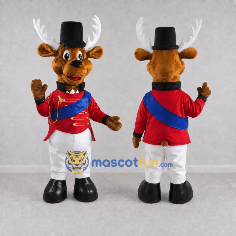 Custom Brown and Red Deer in a Formal Uniform Mascot Costume Adult Full Body Suit for Theme Parties Custom Brown and Red Deer in a Formal Uniform Mascot Costume Adult Full Body Suit for Theme Parties