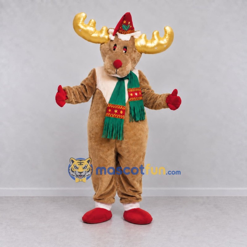 Custom Tan and Gold Moose with a Santa Hat and Scarf Mascot Costume Adult Full Body Suit for Christmas Events Custom Tan and Gold Moose with a Santa Hat and Scarf Mascot Costume Adult Full Body Suit for Christmas Events