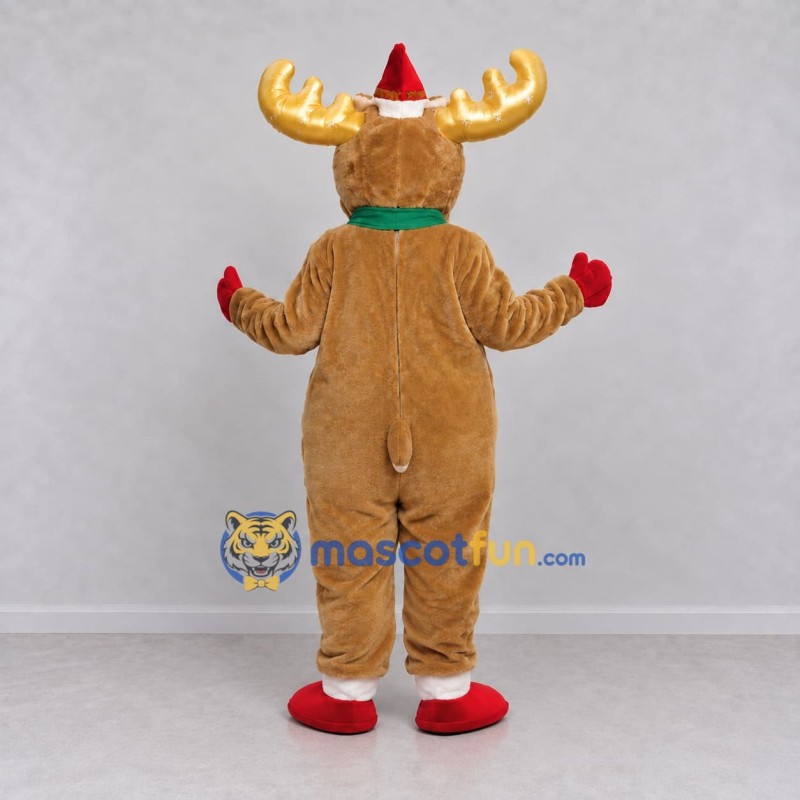 Custom Tan and Gold Moose with a Santa Hat and Scarf Mascot Costume Adult Full Body Suit for Christmas Events Custom Tan and Gold Moose with a Santa Hat and Scarf Mascot Costume Adult Full Body Suit for Christmas Events