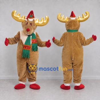 Custom Tan and Gold Moose with a Santa Hat and Scarf Mascot Costume Adult Full Body Suit for Christmas Events