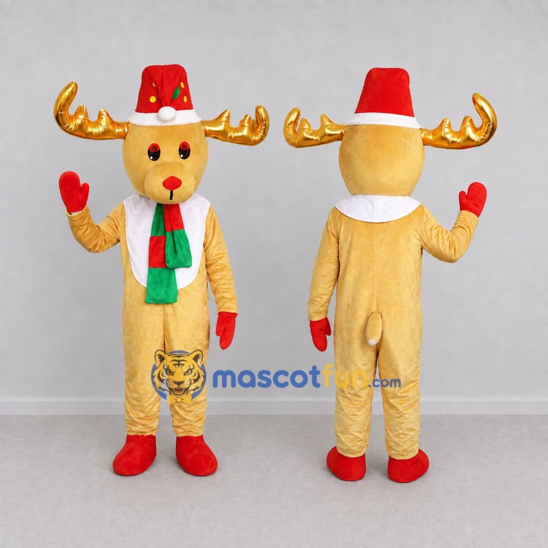 Custom Yellow and Gold Moose Character in Christmas Accessories Mascot Costume Adult Full Body Suit for Christmas Events Custom Yellow and Gold Moose Character in Christmas Accessories Mascot Costume Adult Full Body Suit for Christmas Events