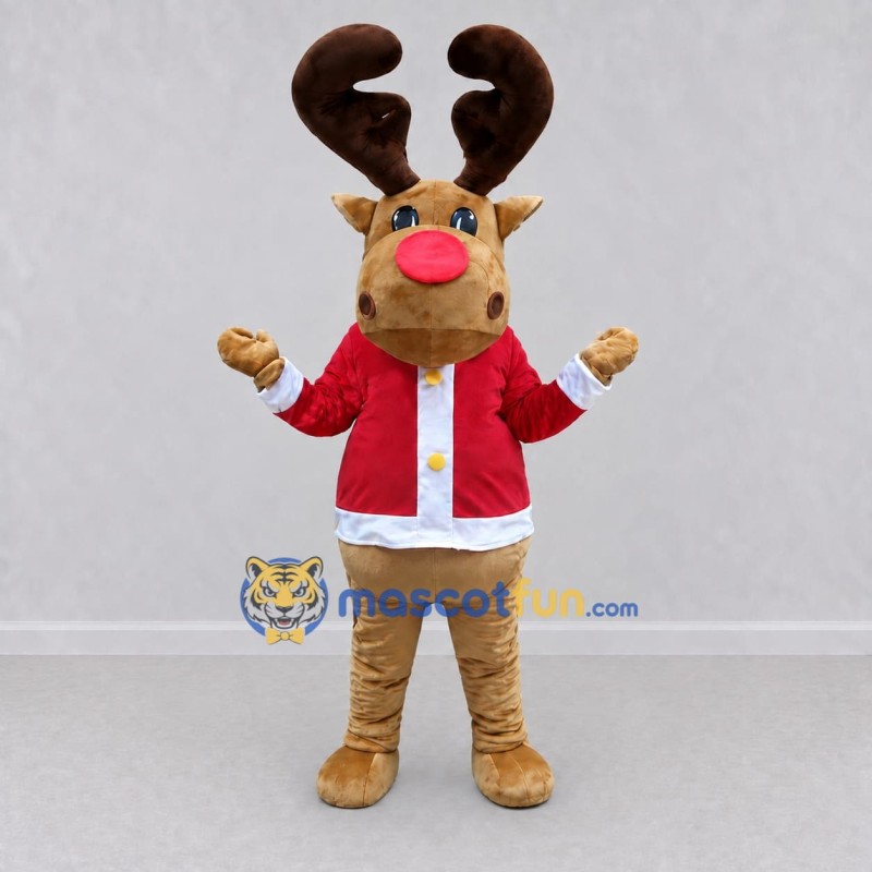 Custom Tan and Red Reindeer in a Santa Jacket Mascot Costume Adult Full Body Suit for Christmas Events