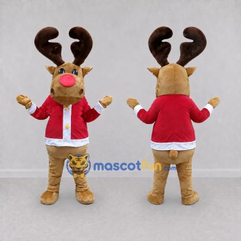 Custom Tan and Red Reindeer in a Santa Jacket Mascot Costume Adult Full Body Suit for Christmas Events