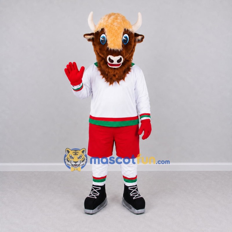 Custom Brown and Red Bison Character in Hockey Sportswear Mascot Costume Adult Full Body Suit for Sports Events Custom Brown and Red Bison Character in Hockey Sportswear Mascot Costume Adult Full Body Suit for Sports Events