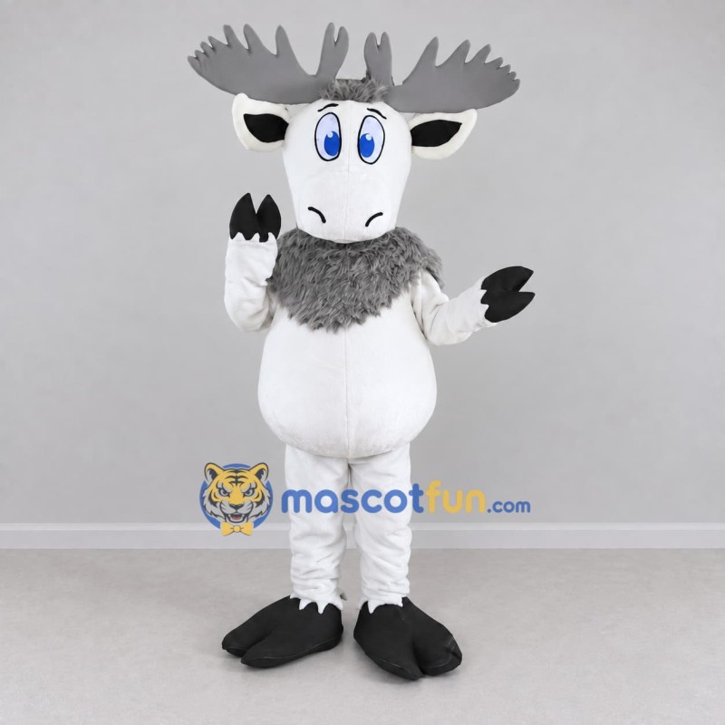 Custom White and Gray Moose Character Mascot Costume Adult Full Body Suit for School Events Custom White and Gray Moose Character Mascot Costume Adult Full Body Suit for School Events