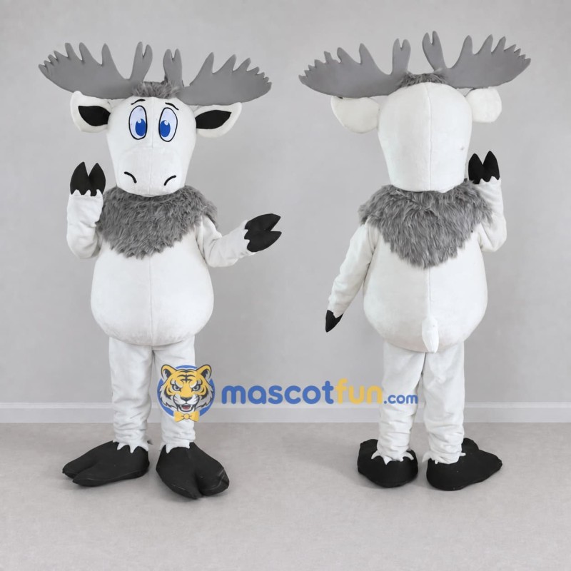 Custom White and Gray Moose Character Mascot Costume Adult Full Body Suit for School Events Custom White and Gray Moose Character Mascot Costume Adult Full Body Suit for School Events