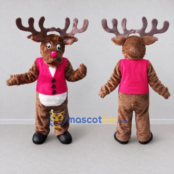 Custom Brown and Pink Reindeer Character in a Vest Mascot Costume Adult Full Body Suit for Christmas Events