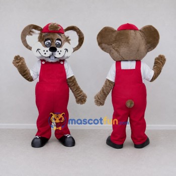 Custom Brown and Red Mouse Character in Overalls Mascot Costume Adult Full Body Suit for School Events