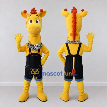Custom Yellow and Black Giraffe in Overalls Mascot Costume Adult Full Body Suit for School Events