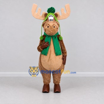 Custom Brown and Green Moose with a Winter Hat and Scarf Mascot Costume Adult Full Body Suit for Winter Events Custom Brown and Green Moose with a Winter Hat and Scarf Mascot Costume Adult Full Body Suit for Winter Events