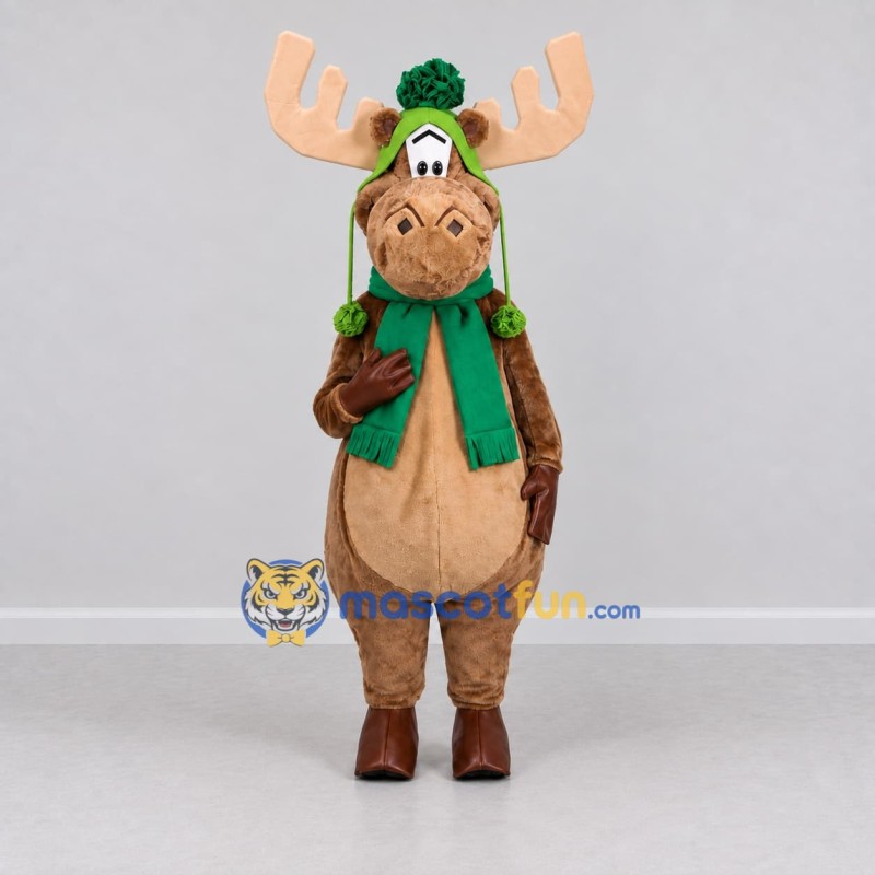 Custom Brown and Green Moose with a Winter Hat and Scarf Mascot Costume Adult Full Body Suit for Winter Events Custom Brown and Green Moose with a Winter Hat and Scarf Mascot Costume Adult Full Body Suit for Winter Events