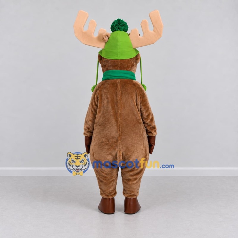 Custom Brown and Green Moose with a Winter Hat and Scarf Mascot Costume Adult Full Body Suit for Winter Events Custom Brown and Green Moose with a Winter Hat and Scarf Mascot Costume Adult Full Body Suit for Winter Events