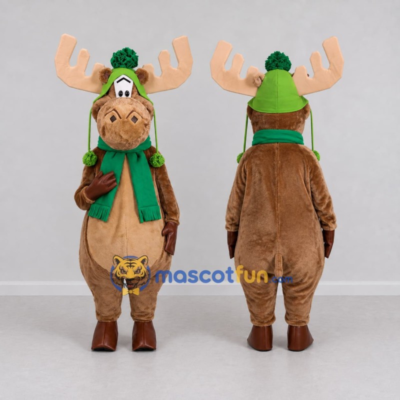 Custom Brown and Green Moose with a Winter Hat and Scarf Mascot Costume Adult Full Body Suit for Winter Events Custom Brown and Green Moose with a Winter Hat and Scarf Mascot Costume Adult Full Body Suit for Winter Events