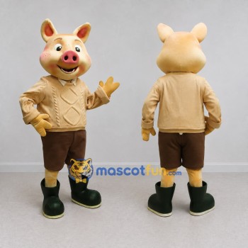 Custom Tan and Brown Pig in a Sweater and Shorts Mascot Costume Adult Full Body Suit for Farm Events