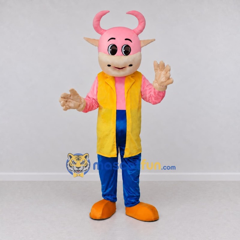 Custom Pink and Yellow Bull Character in a Vest Mascot Costume Adult Full Body Suit for School Events Custom Pink and Yellow Bull Character in a Vest Mascot Costume Adult Full Body Suit for School Events
