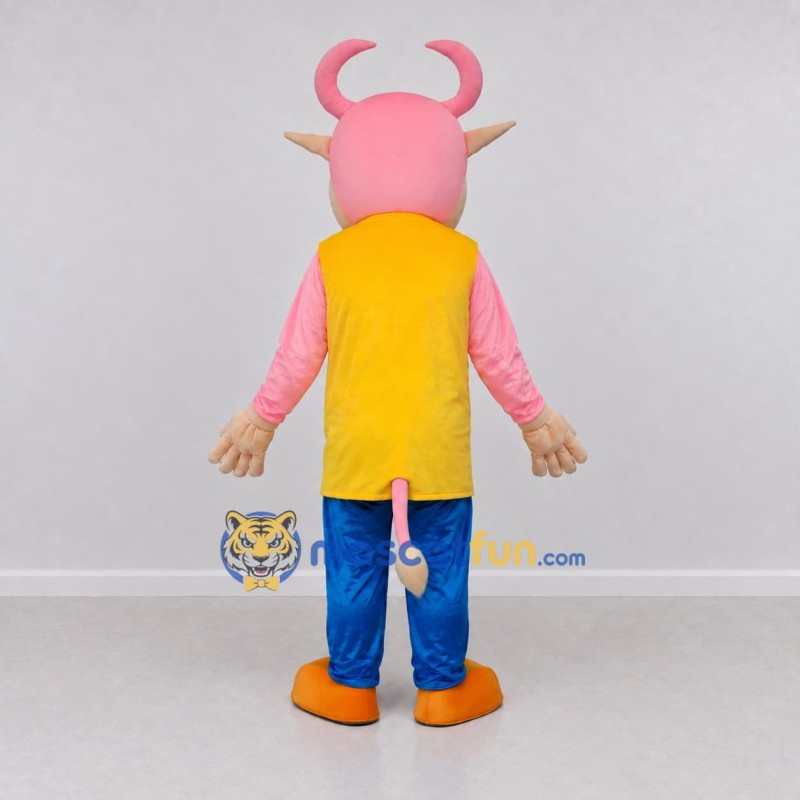 Custom Pink and Yellow Bull Character in a Vest Mascot Costume Adult Full Body Suit for School Events Custom Pink and Yellow Bull Character in a Vest Mascot Costume Adult Full Body Suit for School Events