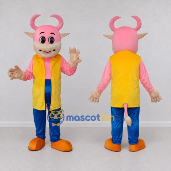 Custom Pink and Yellow Bull Character in a Vest Mascot Costume Adult Full Body Suit for School Events