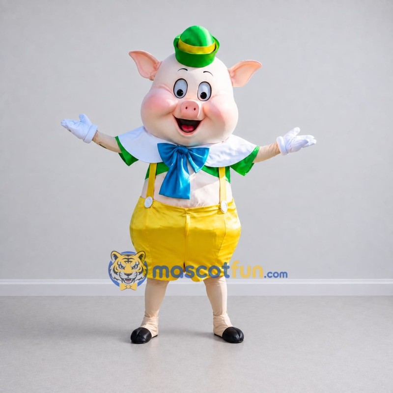 Custom Cream and Yellow Pig in Shorts and a Hat Mascot Costume Adult Full Body Suit for School Events