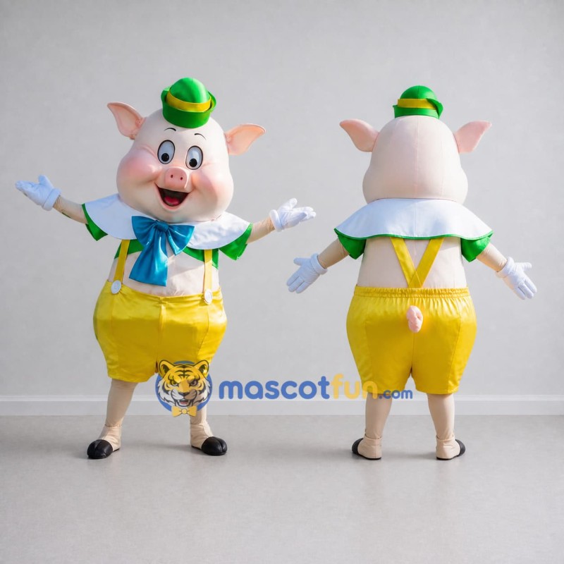 Custom Cream and Yellow Pig in Shorts and a Hat Mascot Costume Adult Full Body Suit for School Events