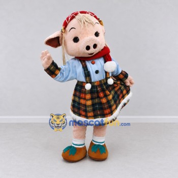 Custom Pink and Blue Pig in a Plaid Winter Outfit Mascot Costume Adult Full Body Suit for Winter Events Custom Pink and Blue Pig in a Plaid Winter Outfit Mascot Costume Adult Full Body Suit for Winter Events