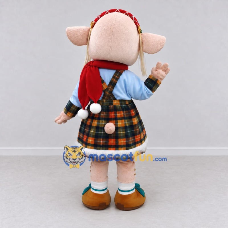 Custom Pink and Blue Pig in a Plaid Winter Outfit Mascot Costume Adult Full Body Suit for Winter Events Custom Pink and Blue Pig in a Plaid Winter Outfit Mascot Costume Adult Full Body Suit for Winter Events