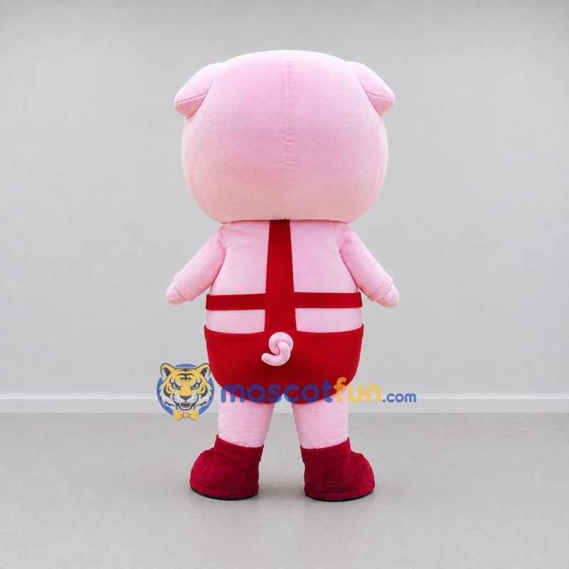 Custom Pink and Red Pig Character in Overalls Mascot Costume Adult Full Body Suit for School Events Custom Pink and Red Pig Character in Overalls Mascot Costume Adult Full Body Suit for School Events