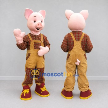 Custom Pink and Tan Pig in Overalls Mascot Costume Adult Full Body Suit for Farm Events