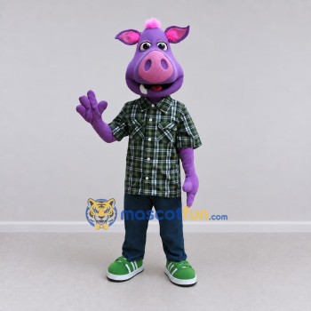 Custom Purple and Green Pig in a Plaid Shirt Mascot Costume Adult Full Body Suit for School Events