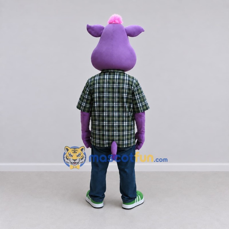 Custom Purple and Green Pig in a Plaid Shirt Mascot Costume Adult Full Body Suit for School Events Custom Purple and Green Pig in a Plaid Shirt Mascot Costume Adult Full Body Suit for School Events