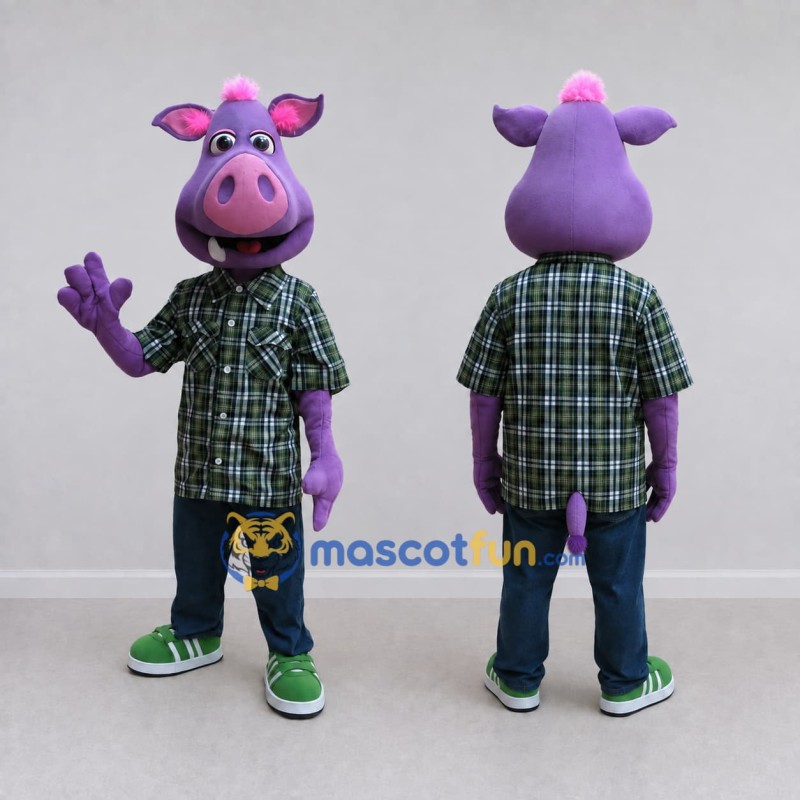 Custom Purple and Green Pig in a Plaid Shirt Mascot Costume Adult Full Body Suit for School Events Custom Purple and Green Pig in a Plaid Shirt Mascot Costume Adult Full Body Suit for School Events