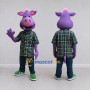 Custom Purple and Green Pig in a Plaid Shirt Mascot Costume Adult Full Body Suit for School Events