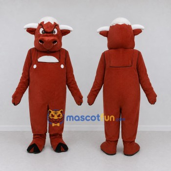 Custom Brown and White Bull Character in Overalls Mascot Costume Adult Full Body Suit for Farm Events