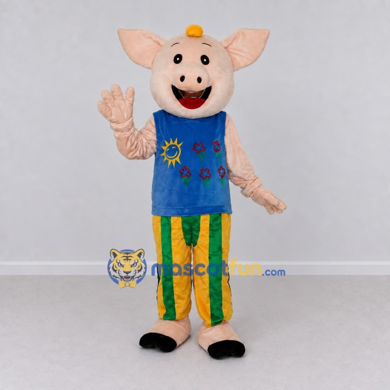 Custom Cream and Blue Pig in a Colorful Outfit Mascot Costume Adult Full Body Suit for School Events