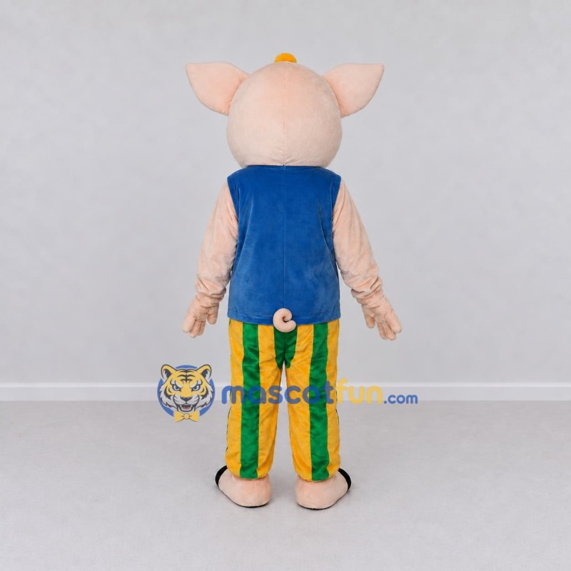 Custom Cream and Blue Pig in a Colorful Outfit Mascot Costume Adult Full Body Suit for School Events