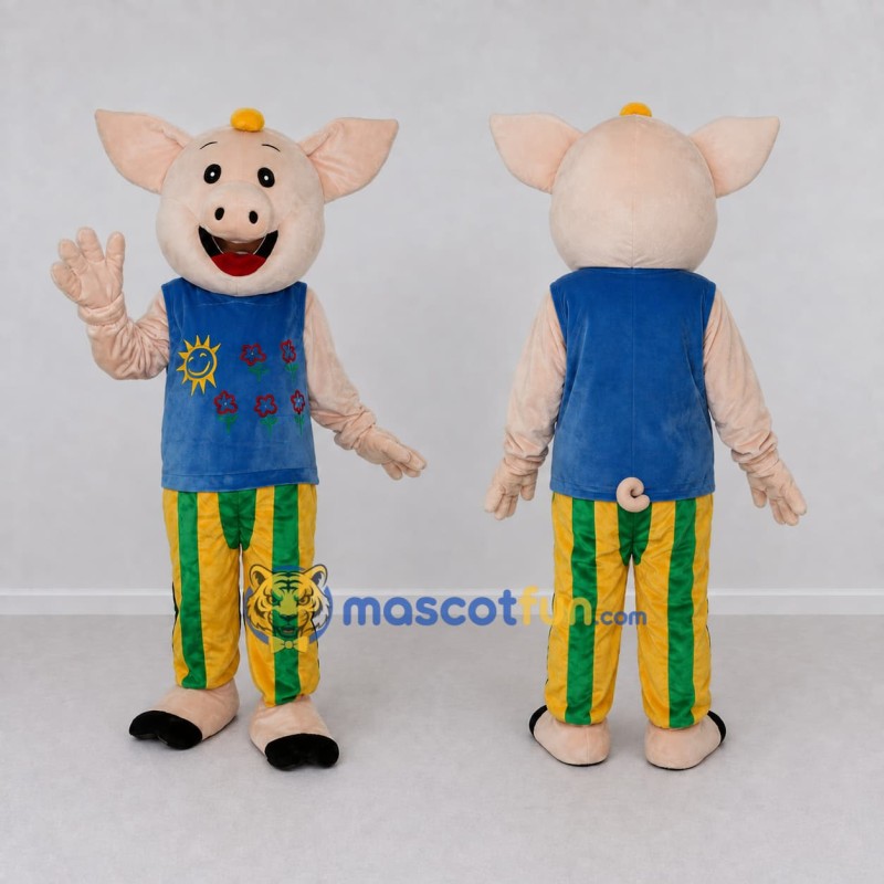 Custom Cream and Blue Pig in a Colorful Outfit Mascot Costume Adult Full Body Suit for School Events