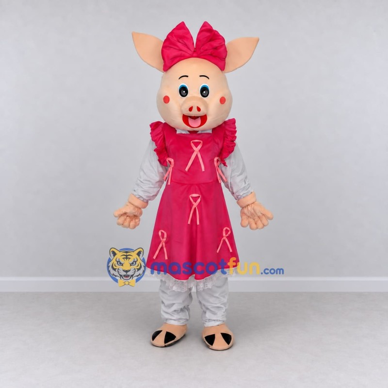 Custom Cream and Pink Pig in a Dress Mascot Costume Adult Full Body Suit for School Events