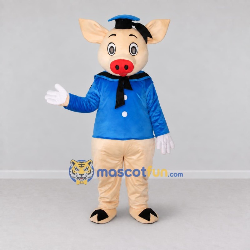 Custom Cream and Blue Sailor Pig Mascot Costume Adult Full Body Suit for Theme Parties