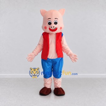 Custom Pink and Red Pig in a Vest and Shorts Mascot Costume Adult Full Body Suit for School Events Custom Pink and Red Pig in a Vest and Shorts Mascot Costume Adult Full Body Suit for School Events