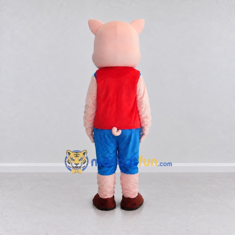 Custom Pink and Red Pig in a Vest and Shorts Mascot Costume Adult Full Body Suit for School Events Custom Pink and Red Pig in a Vest and Shorts Mascot Costume Adult Full Body Suit for School Events